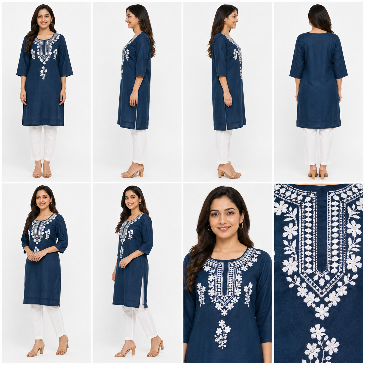 Women's Navy Blue Embroidered Straight Kurti | White Floral Thread Work | Premium Cotton Blend | Ethnic Wear