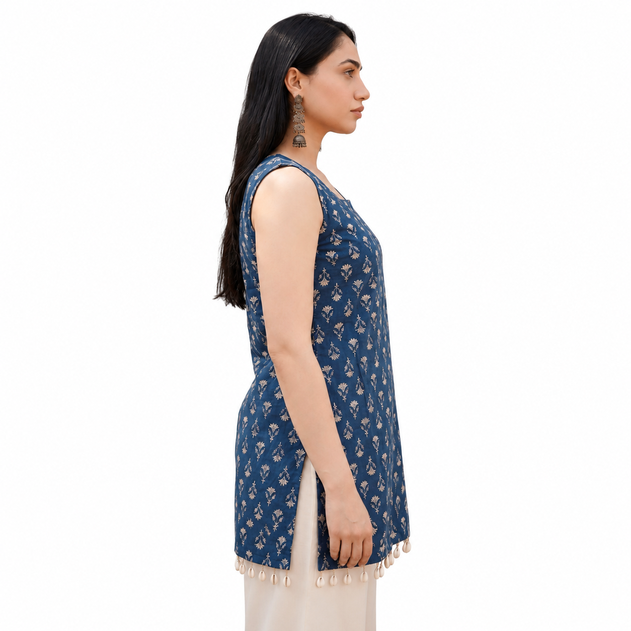 Indigo Blue Cotton Sleeveless Floral Block Print Kurti with Shell Detail