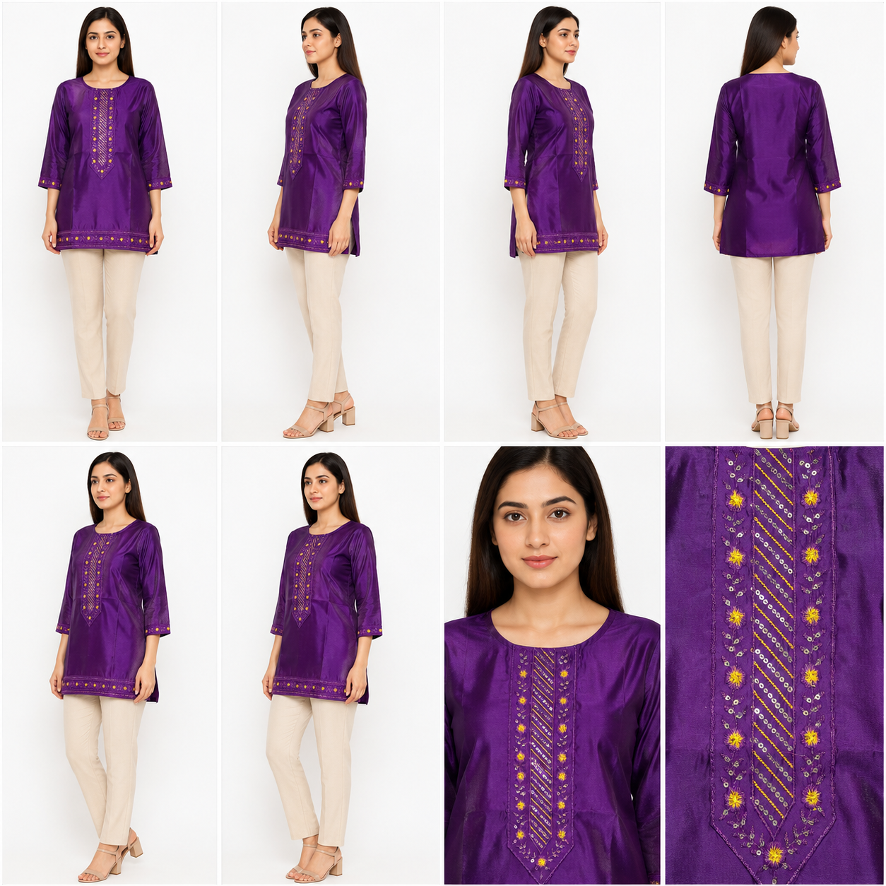 Purple Embroidered Straight Kurti for Women with Golden Detailing