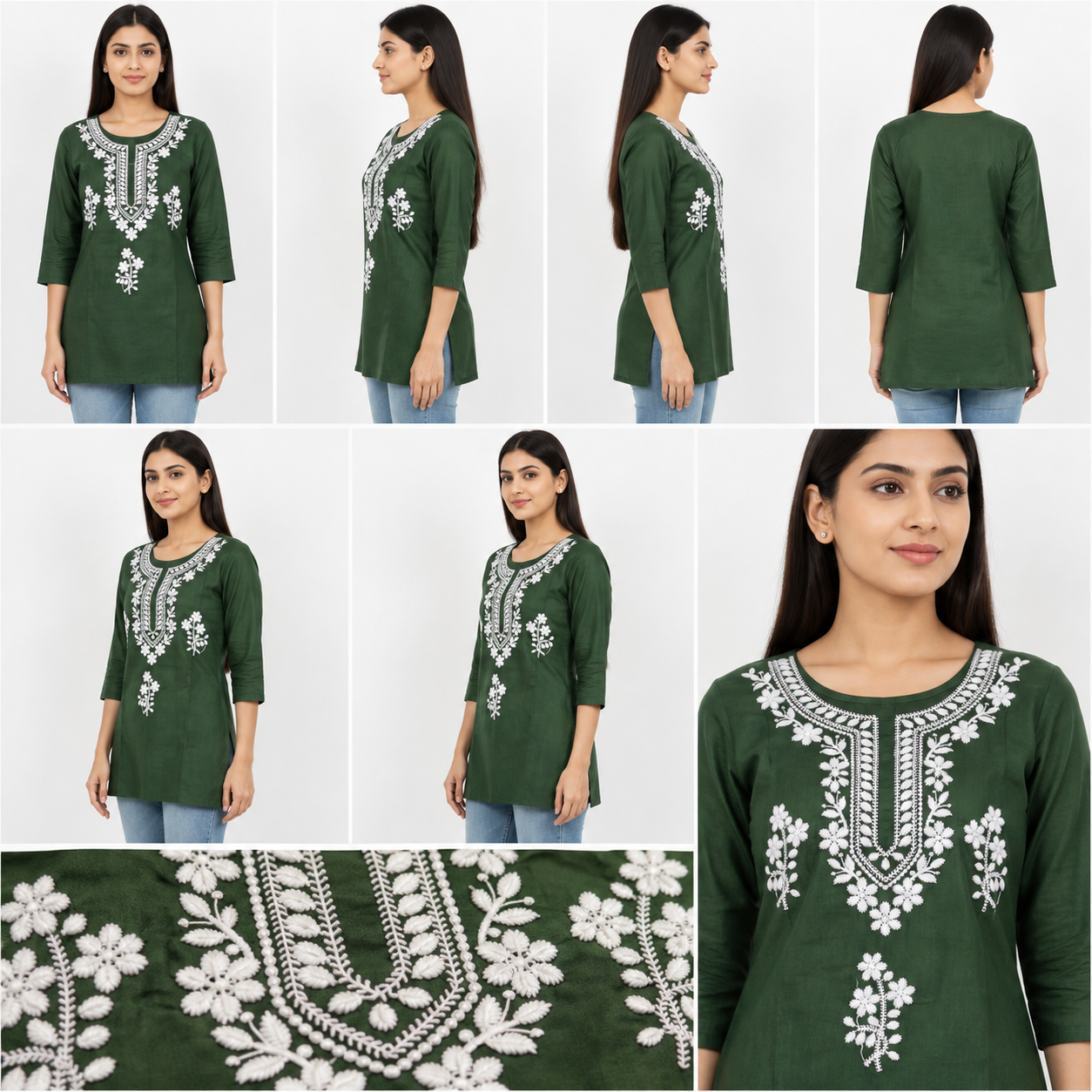 Women’s Dark Green Embroidered Short Kurti with 3/4 Sleeves