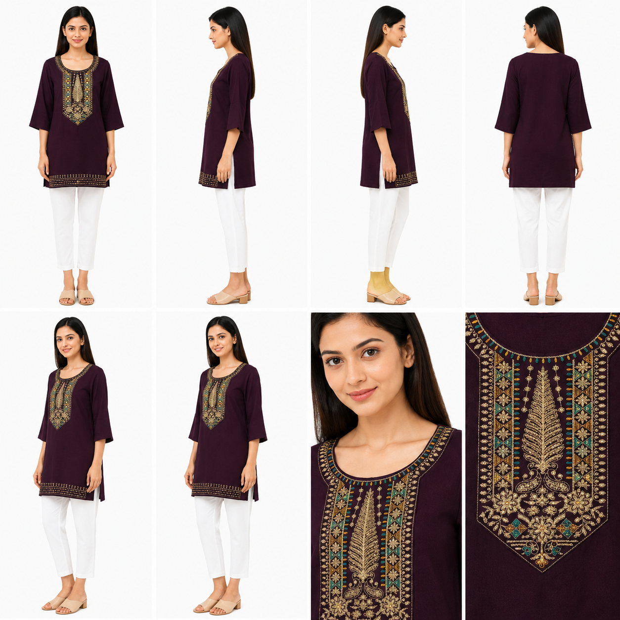 Women’s Wine Purple Embroidered Short Kurti with 3/4 Sleeves