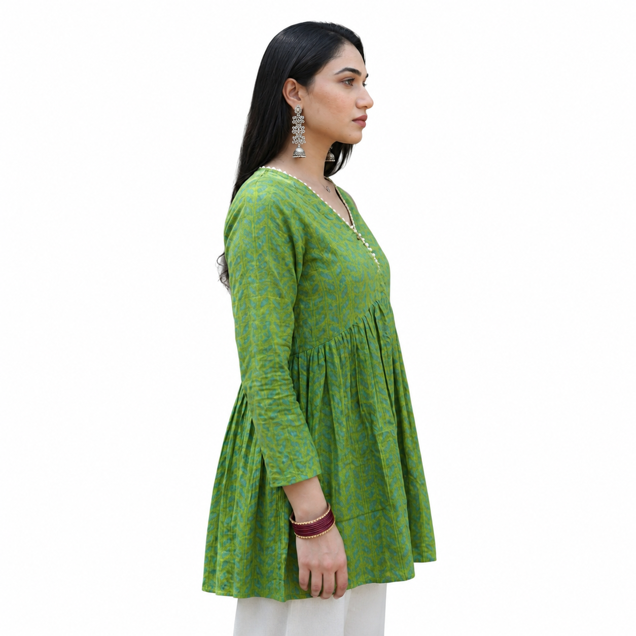 Green Printed Flared Short Kurti for Women