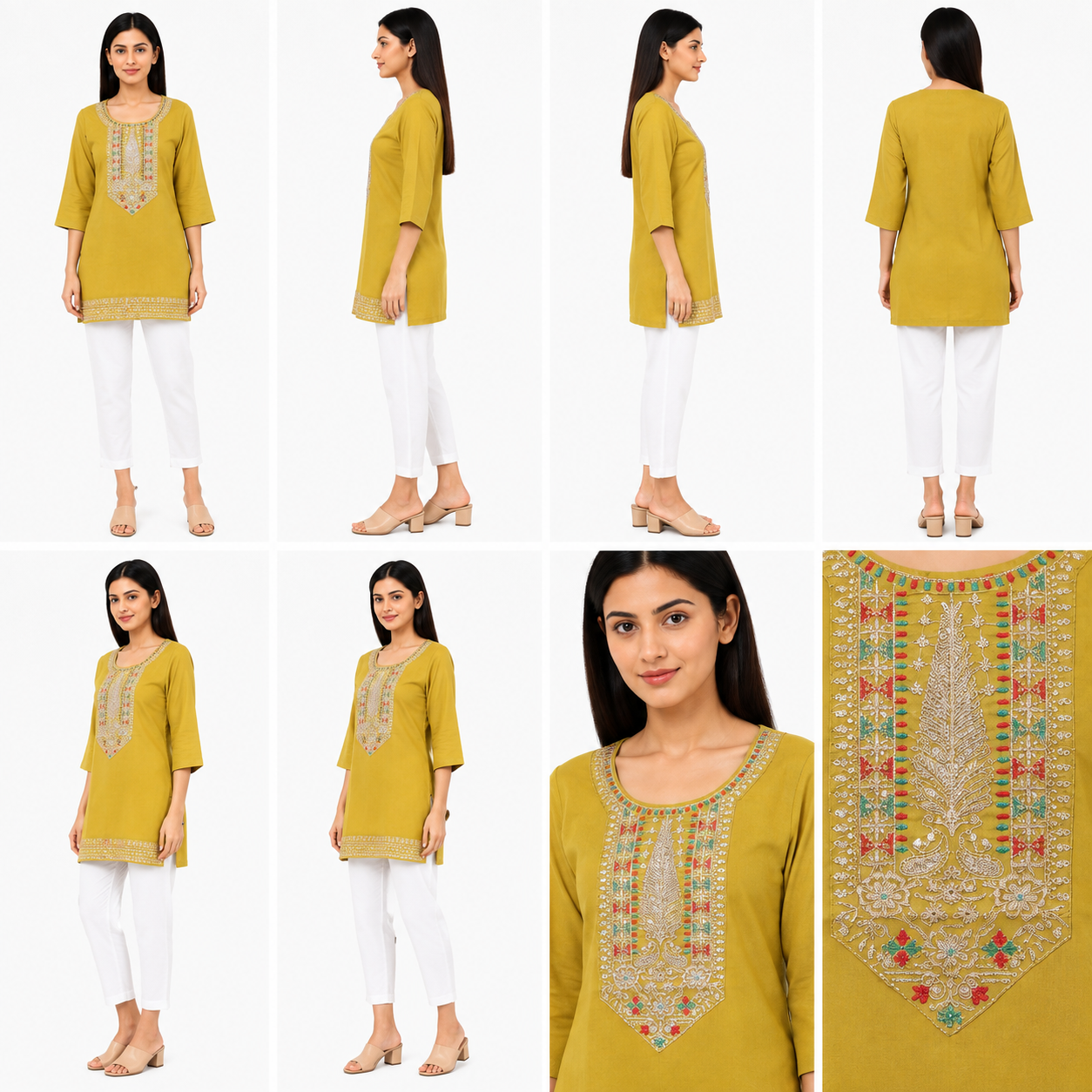 Women’s Mustard Yellow Embroidered Straight Kurti with 3/4 Sleeves