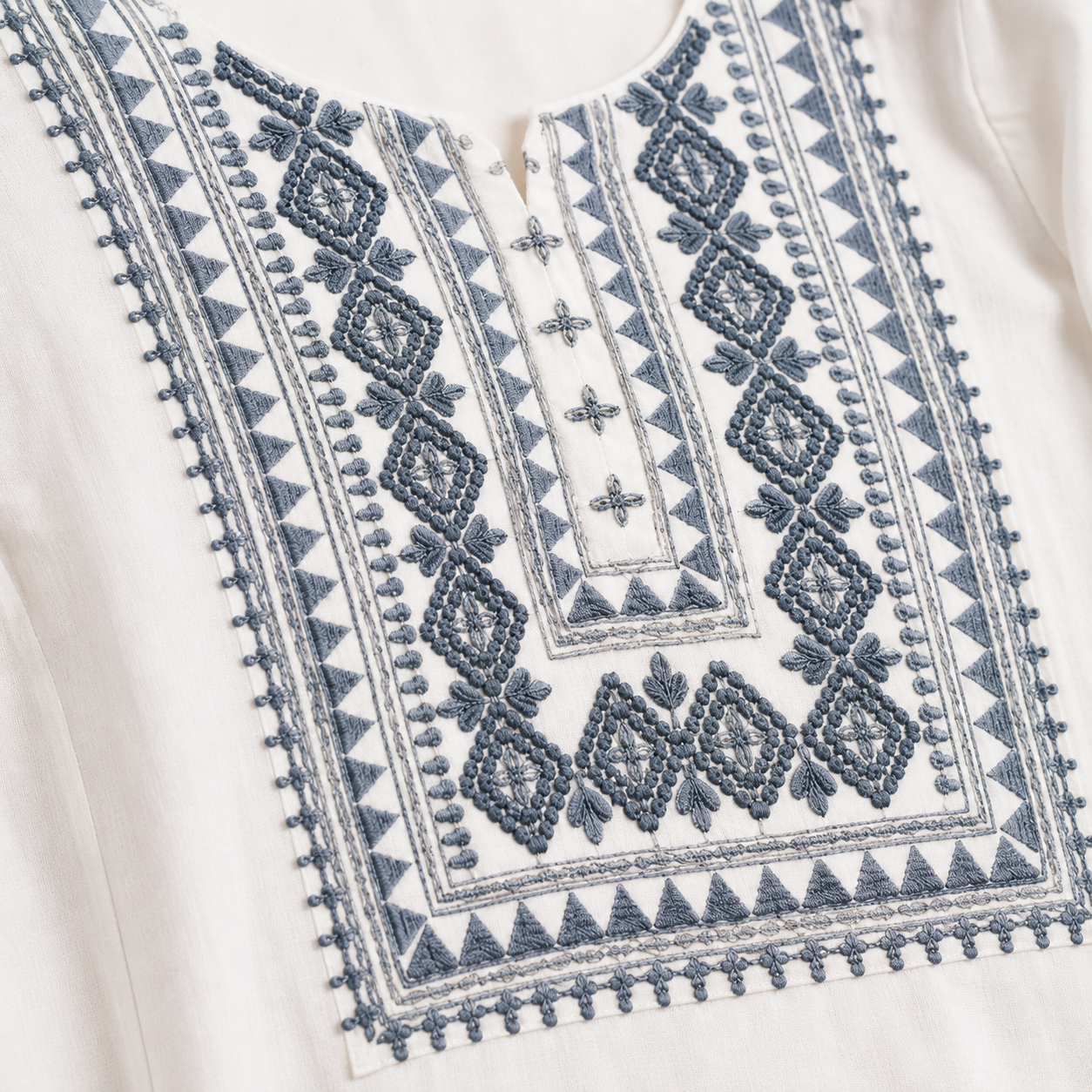 Women’s White Straight Kurti with Blue Embroidered Front Panel