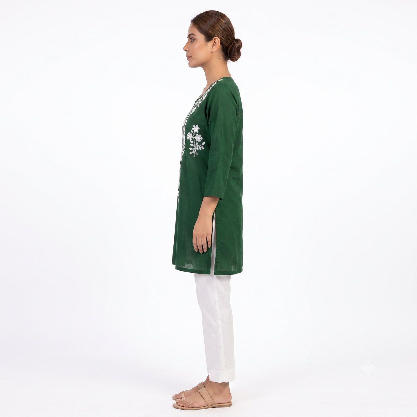 Women's Bottle Green Embroidered Straight Kurti | White Thread Work | Premium Cotton Blend | Ethnic Wear