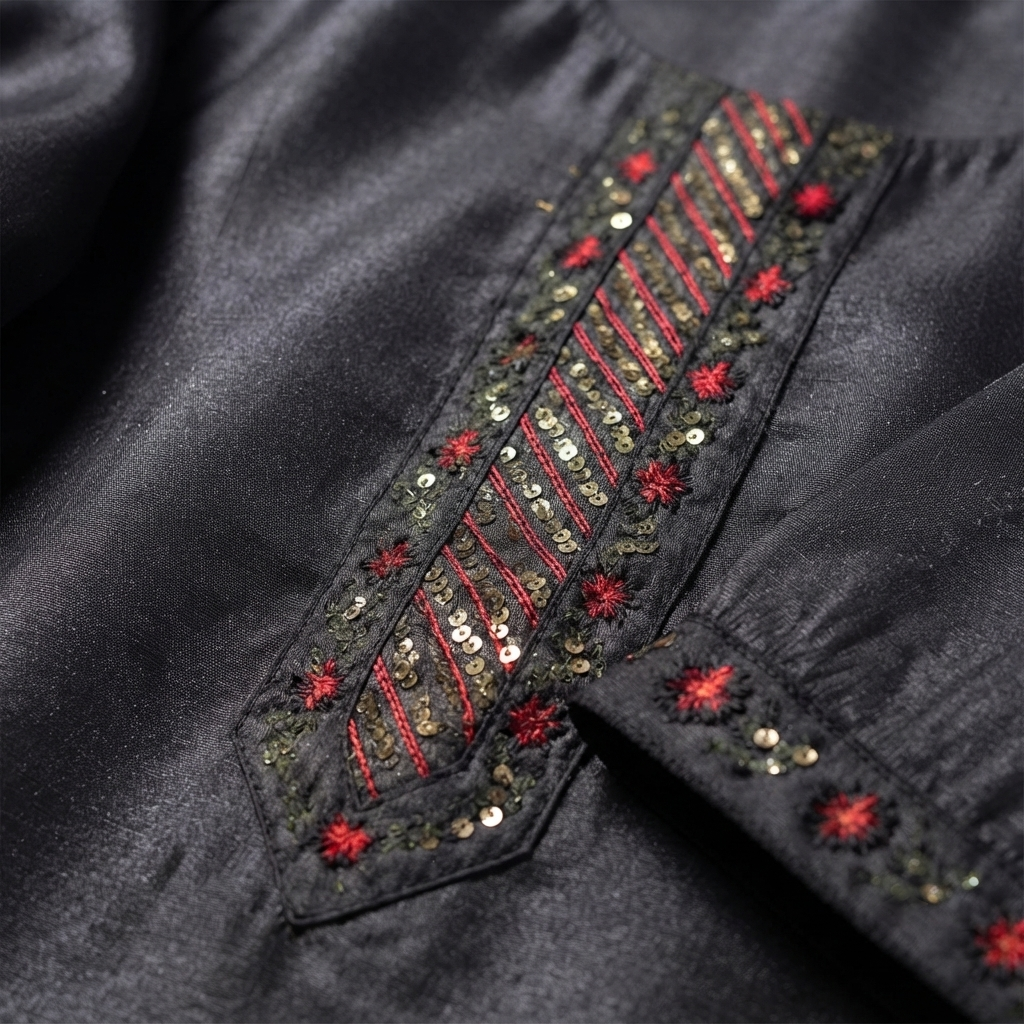 Women's Charcoal Black Embroidered Straight Kurti | Premium Cotton Blend Ethnic Wear