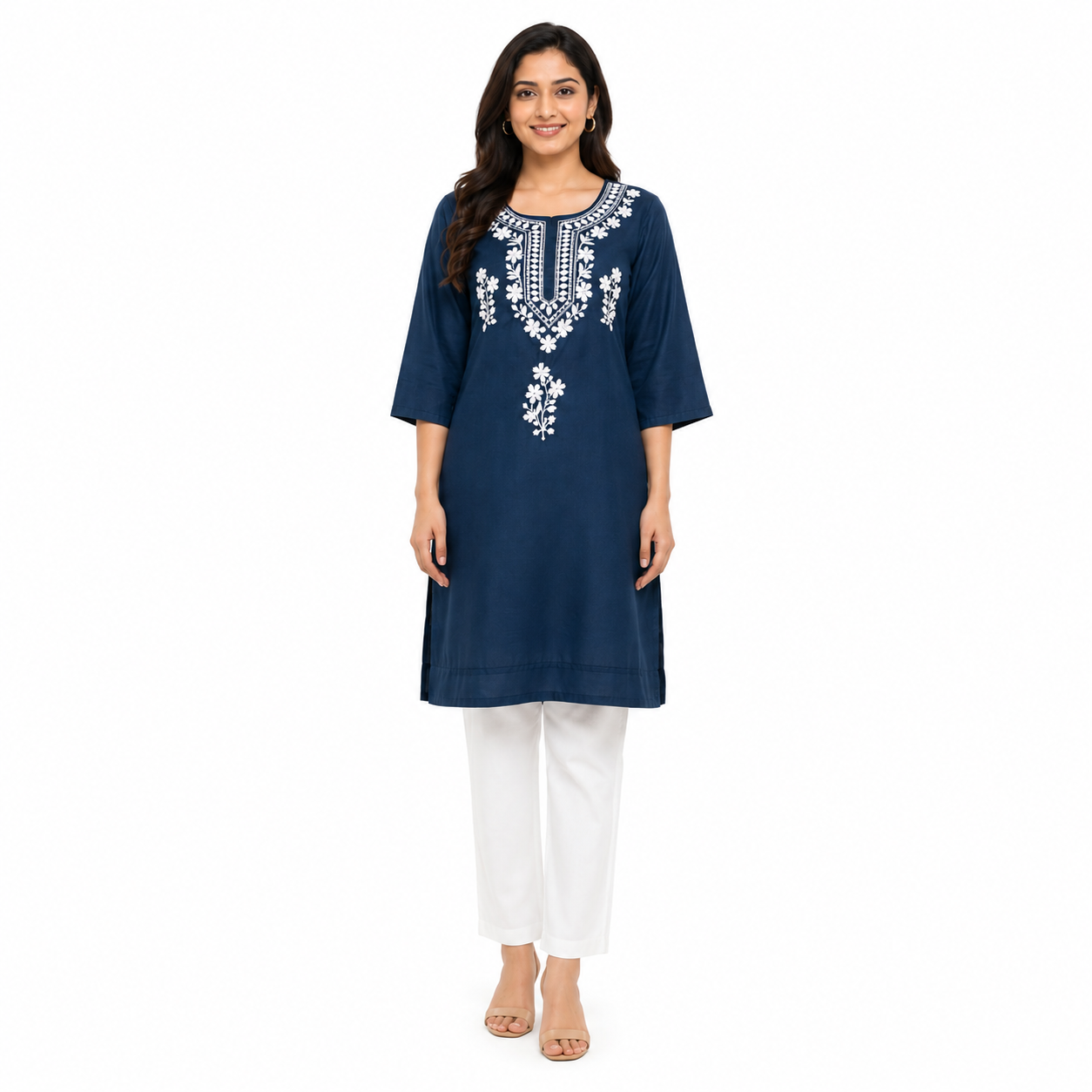 Women's Navy Blue Embroidered Straight Kurti | White Floral Thread Work | Premium Cotton Blend | Ethnic Wear