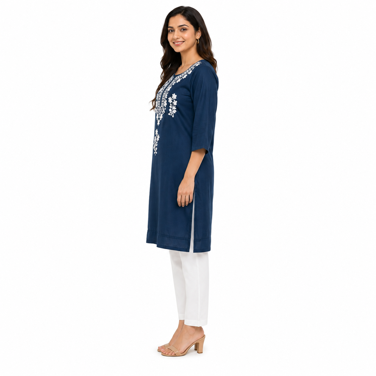 Women's Navy Blue Embroidered Straight Kurti | White Floral Thread Work | Premium Cotton Blend | Ethnic Wear