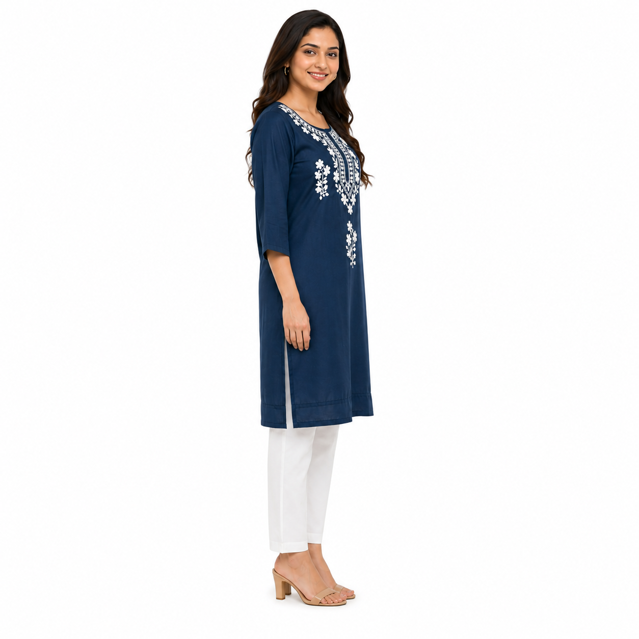 Women's Navy Blue Embroidered Straight Kurti | White Floral Thread Work | Premium Cotton Blend | Ethnic Wear