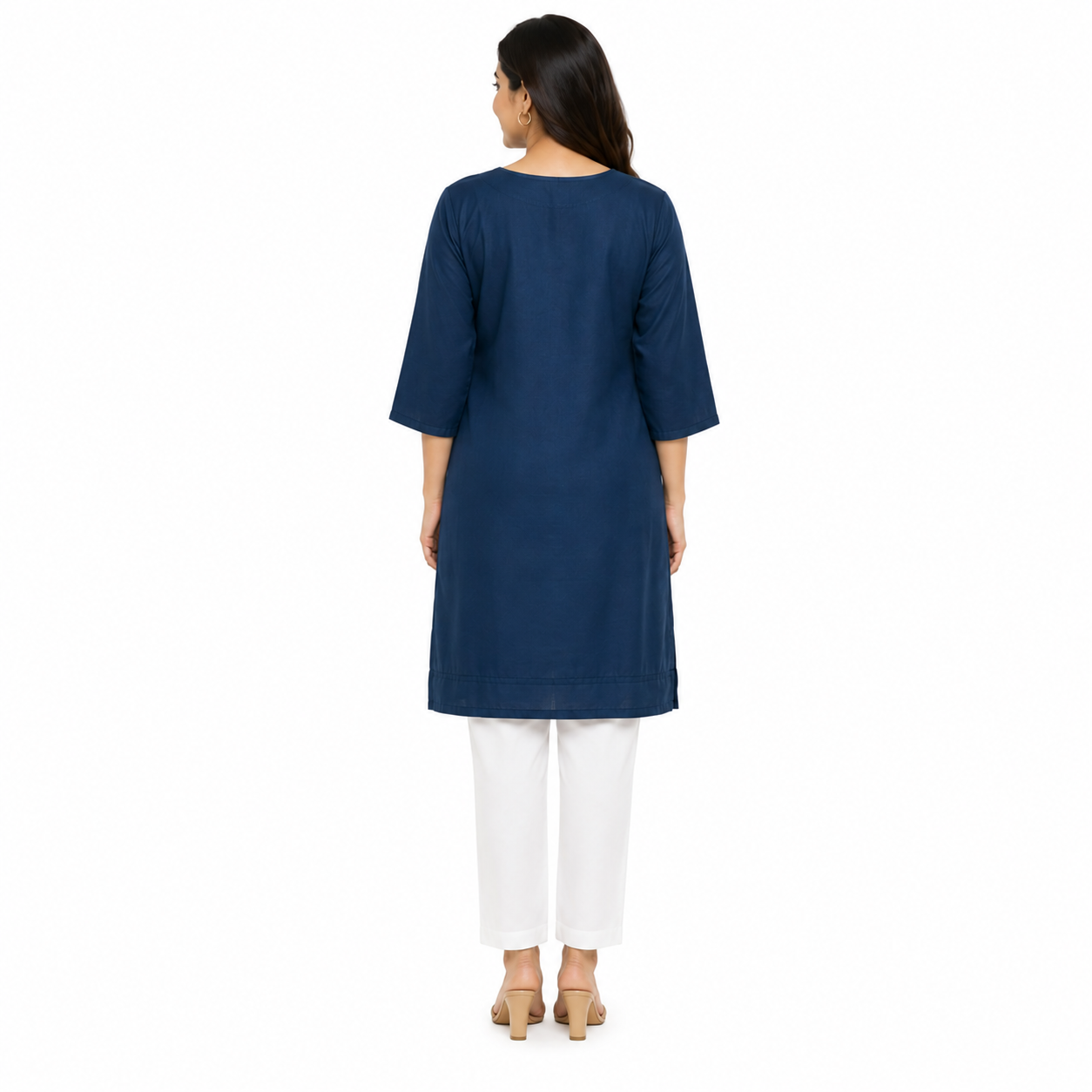 Women's Navy Blue Embroidered Straight Kurti | White Floral Thread Work | Premium Cotton Blend | Ethnic Wear