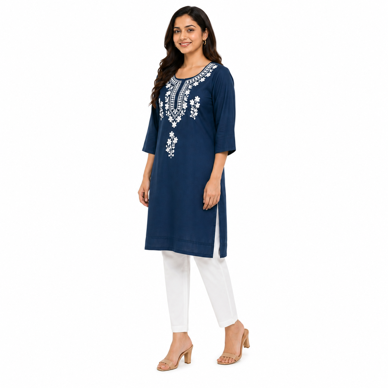 Women's Navy Blue Embroidered Straight Kurti | White Floral Thread Work | Premium Cotton Blend | Ethnic Wear