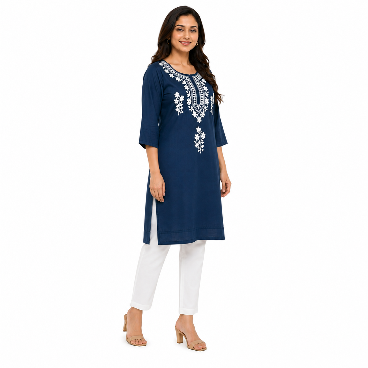 Women's Navy Blue Embroidered Straight Kurti | White Floral Thread Work | Premium Cotton Blend | Ethnic Wear
