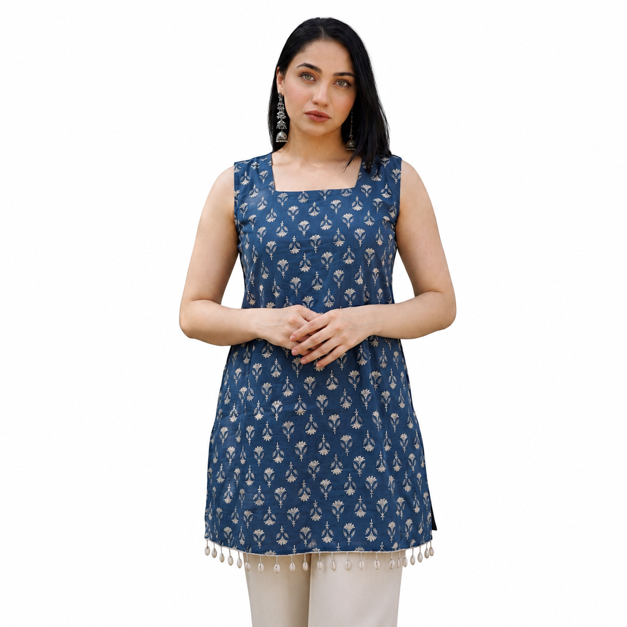 Indigo Blue Cotton Sleeveless Floral Block Print Kurti with Shell Detail