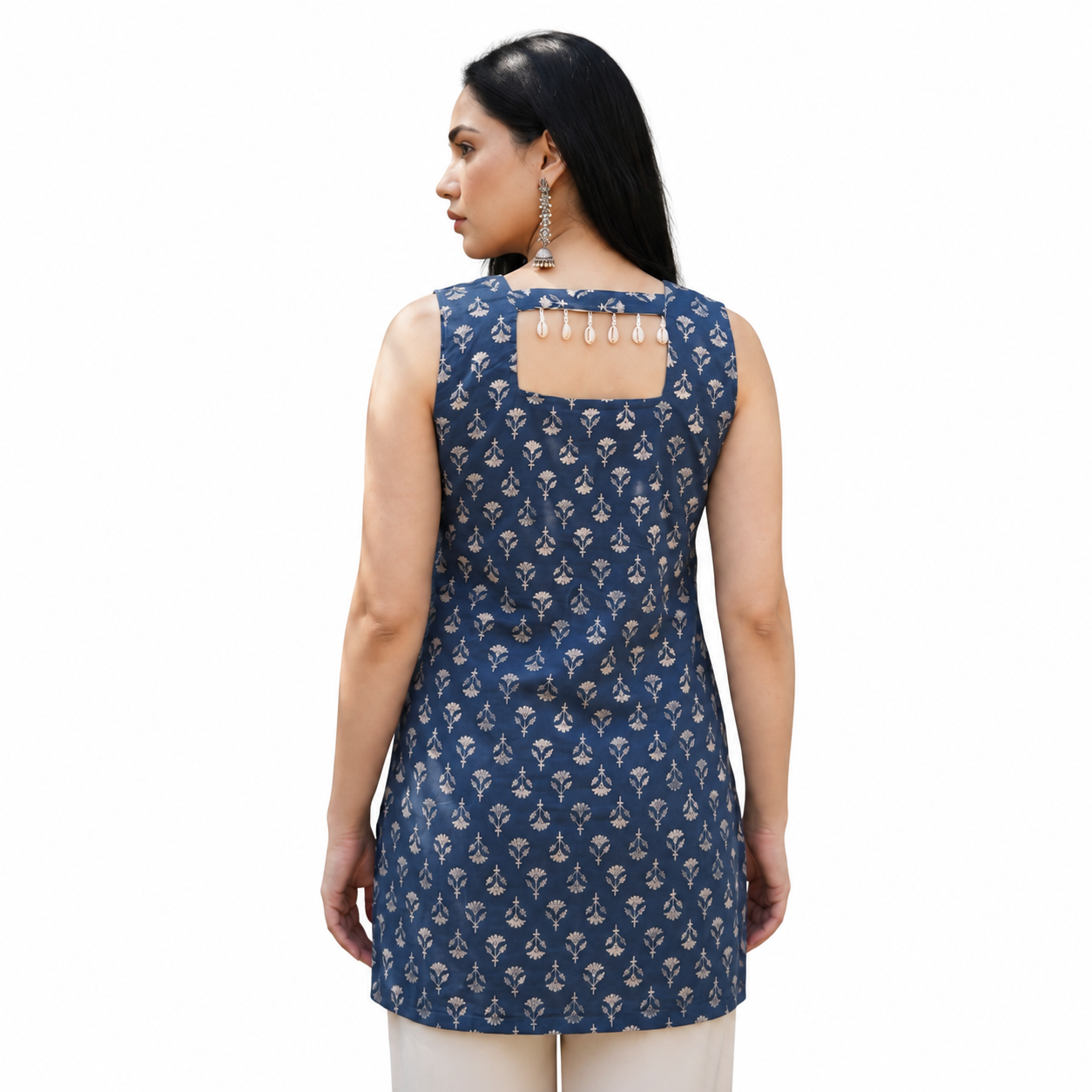 Indigo Blue Cotton Sleeveless Floral Block Print Kurti with Shell Detail
