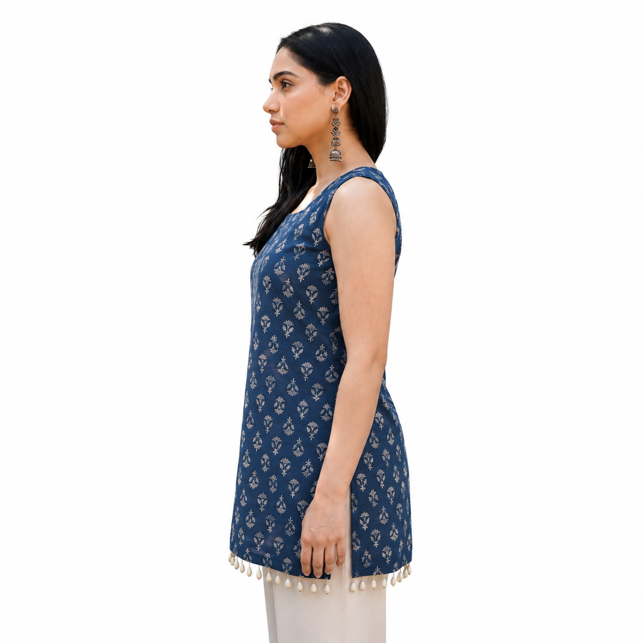 Indigo Blue Cotton Sleeveless Floral Block Print Kurti with Shell Detail