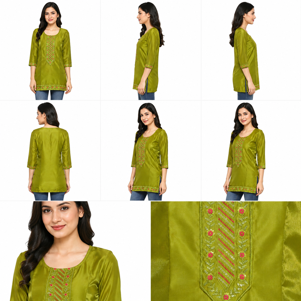 Olive Green Embroidered Short Kurti for Women