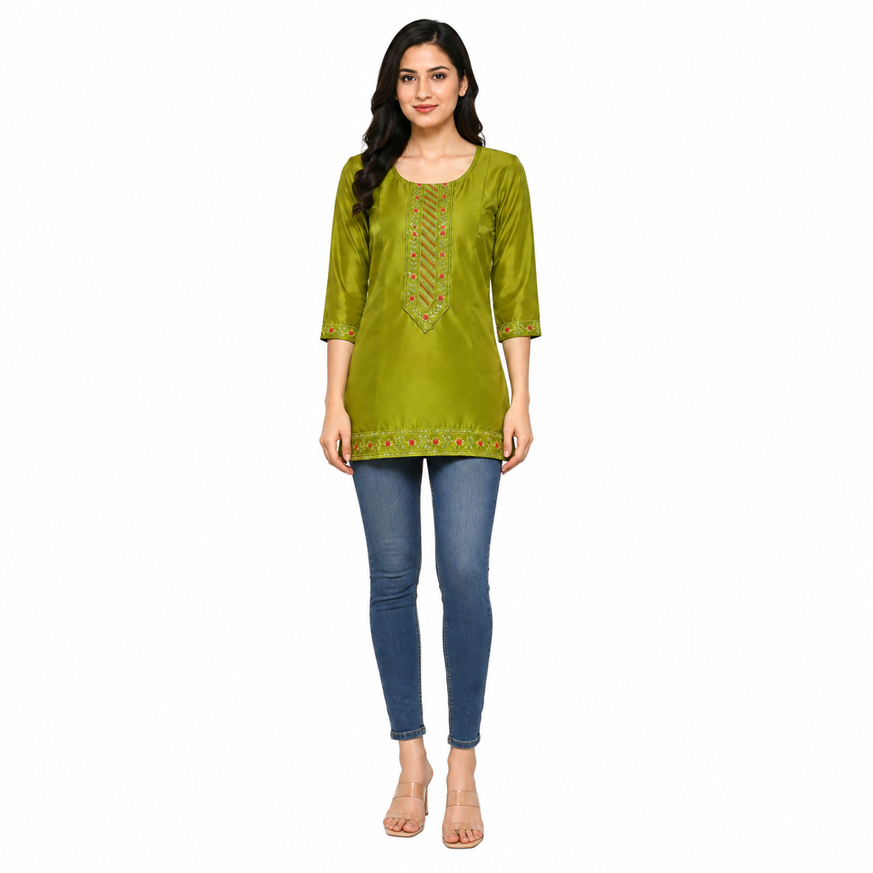 Olive Green Embroidered Short Kurti for Women