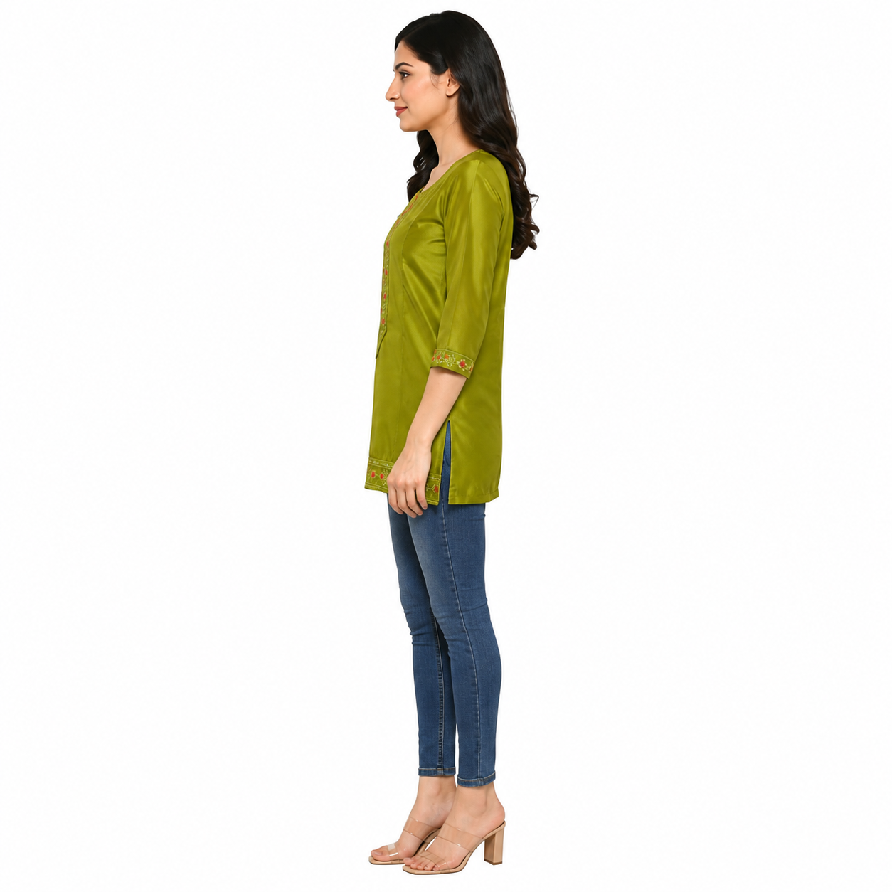 Olive Green Embroidered Short Kurti for Women