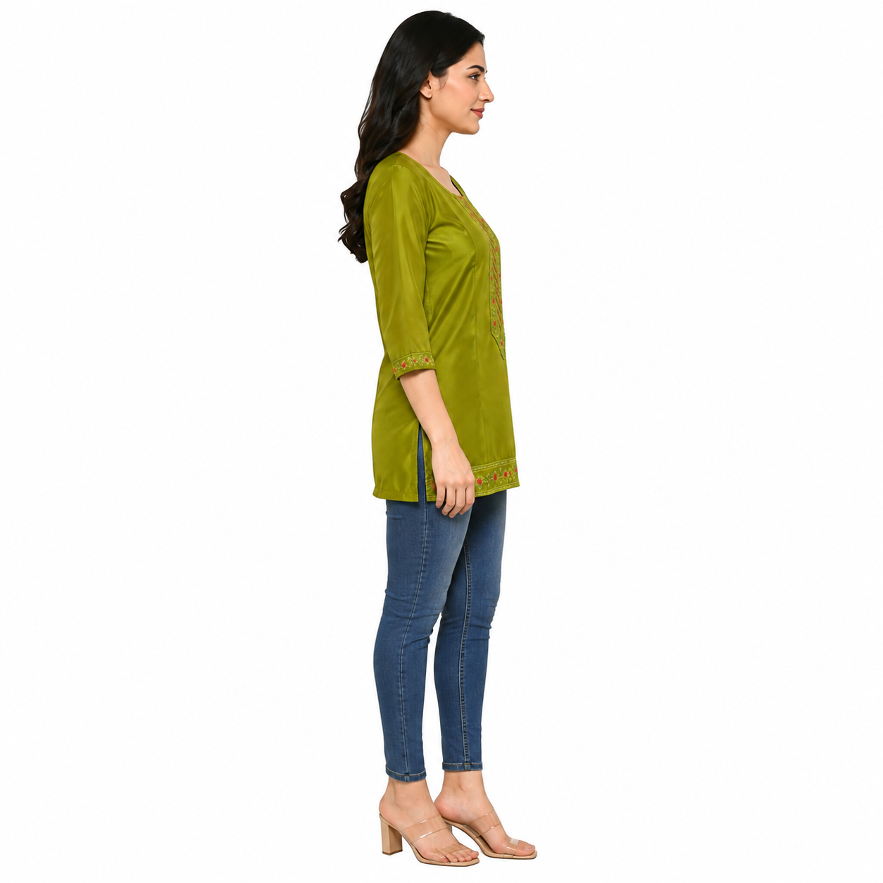 Olive Green Embroidered Short Kurti for Women