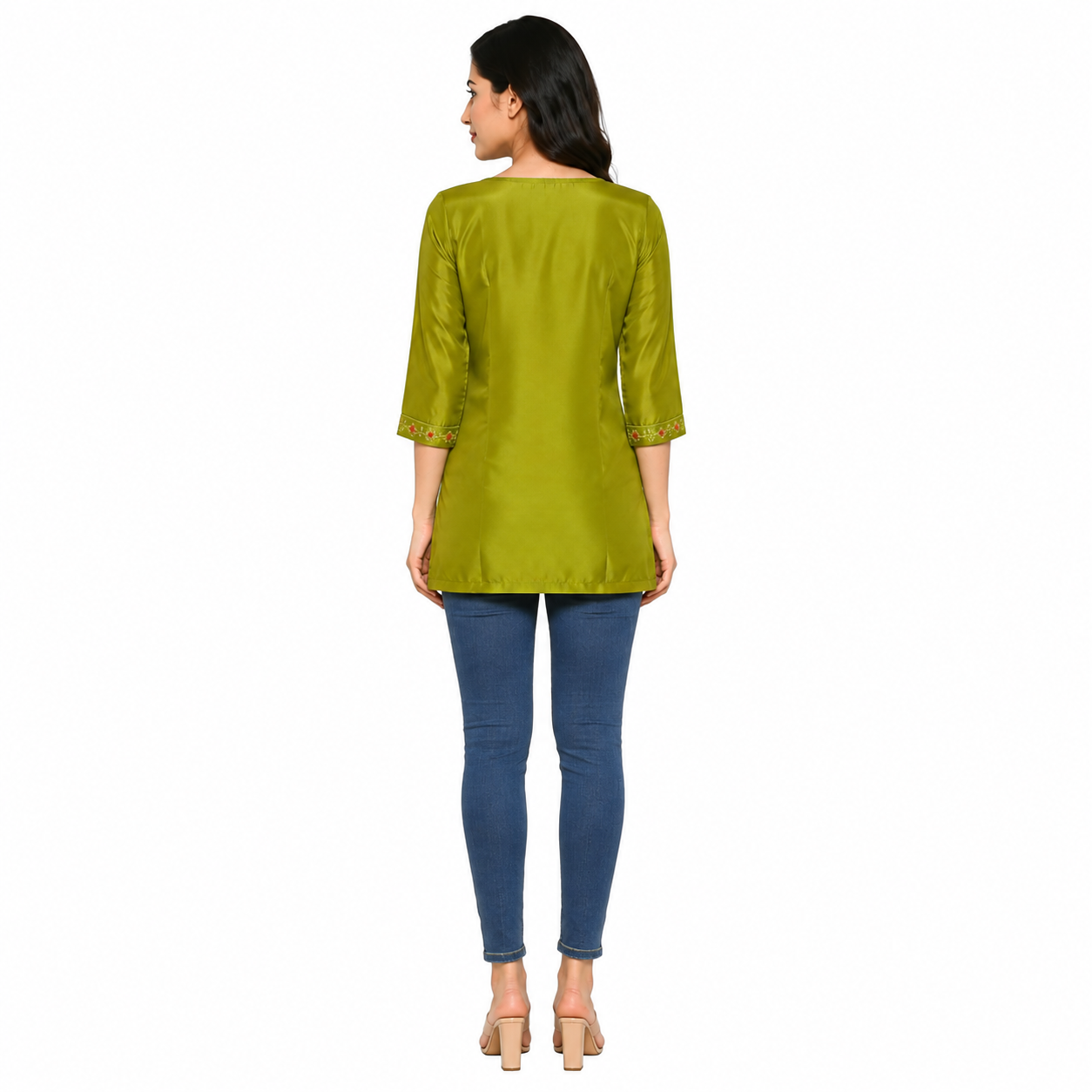 Olive Green Embroidered Short Kurti for Women