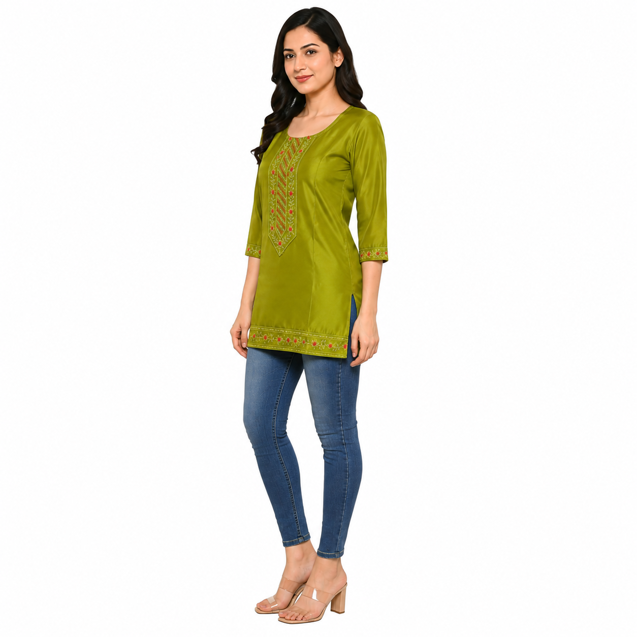 Olive Green Embroidered Short Kurti for Women