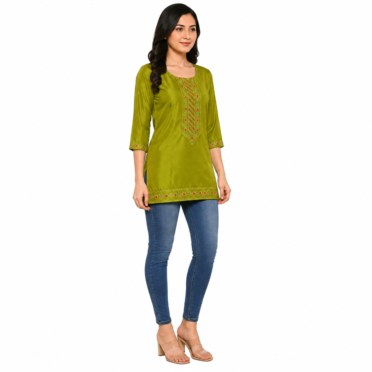 Olive Green Embroidered Short Kurti for Women