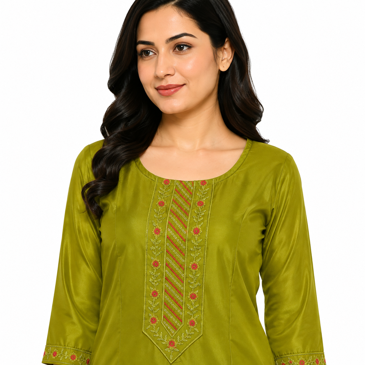 Olive Green Embroidered Short Kurti for Women