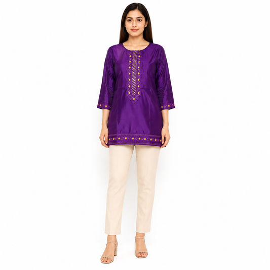 Purple Embroidered Straight Kurti for Women with Golden Detailing