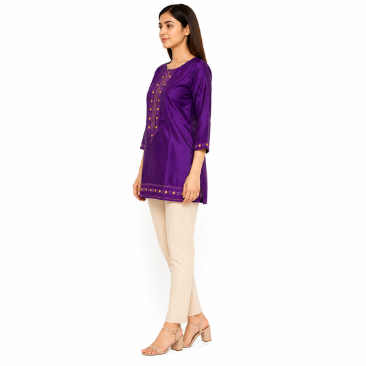 Purple Embroidered Straight Kurti for Women with Golden Detailing
