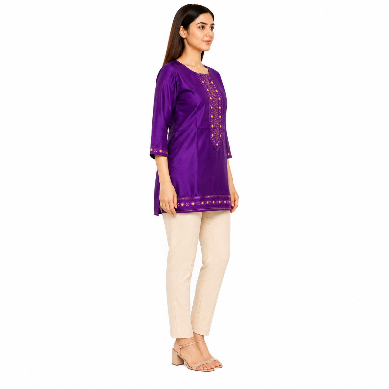Purple Embroidered Straight Kurti for Women with Golden Detailing