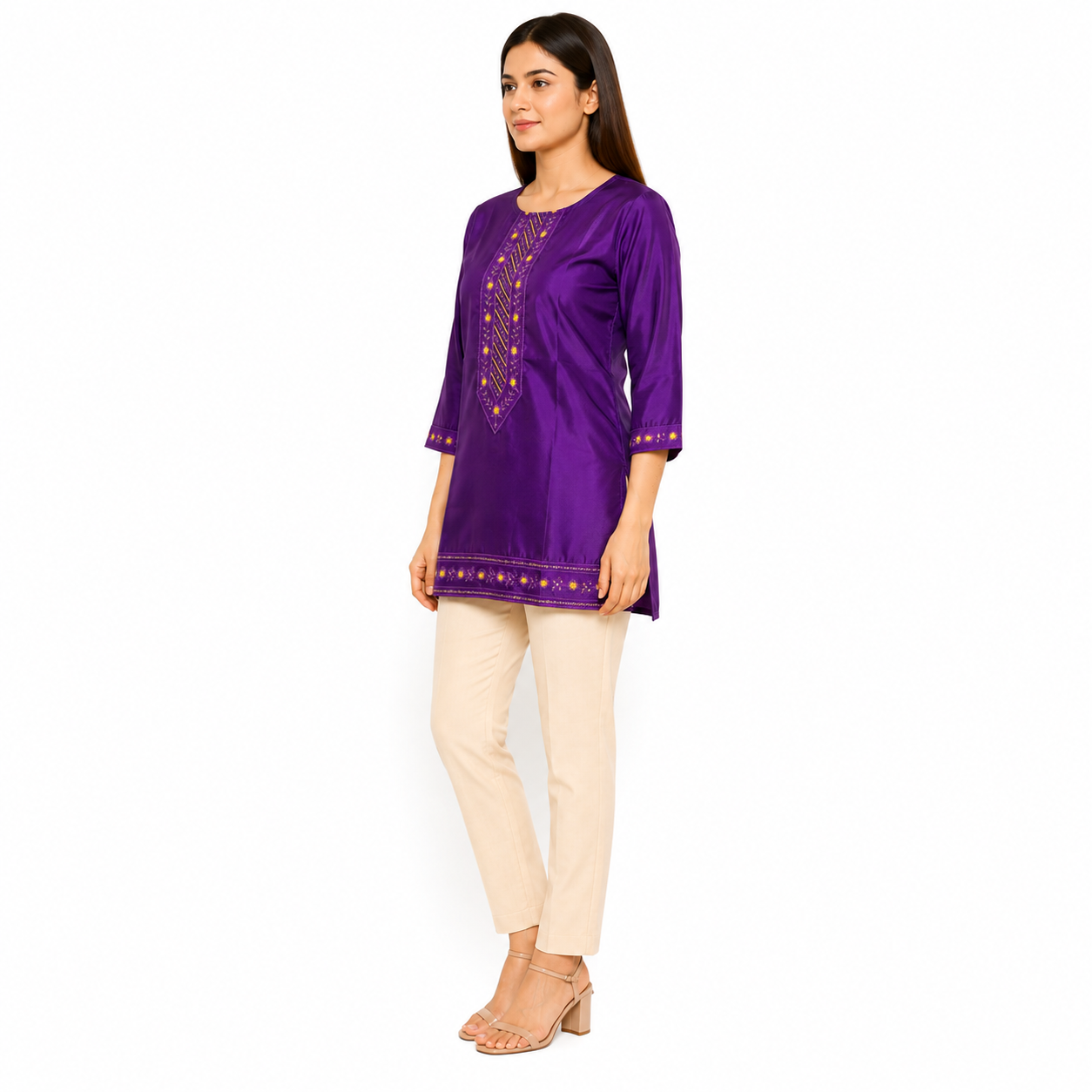 Purple Embroidered Straight Kurti for Women with Golden Detailing