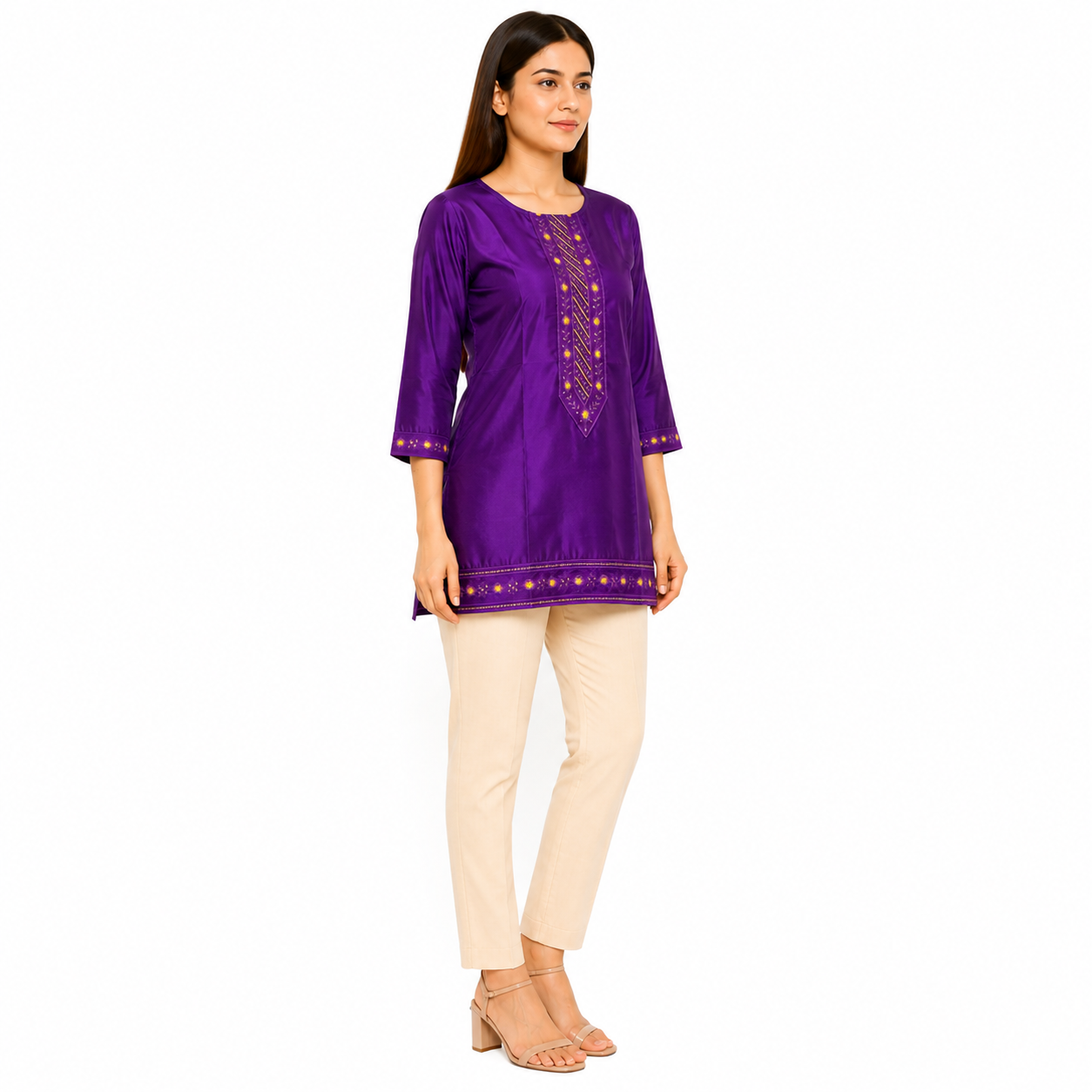 Purple Embroidered Straight Kurti for Women with Golden Detailing