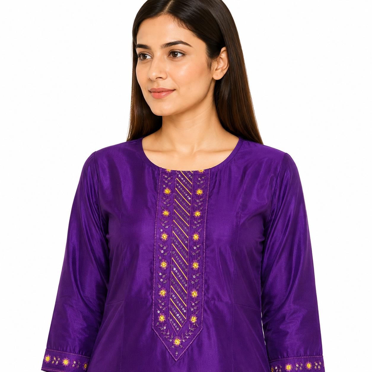 Purple Embroidered Straight Kurti for Women with Golden Detailing