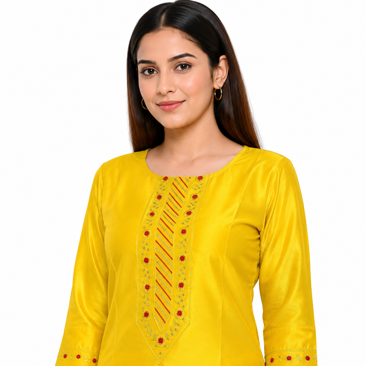 Yellow Embroidered Straight Kurti for Women