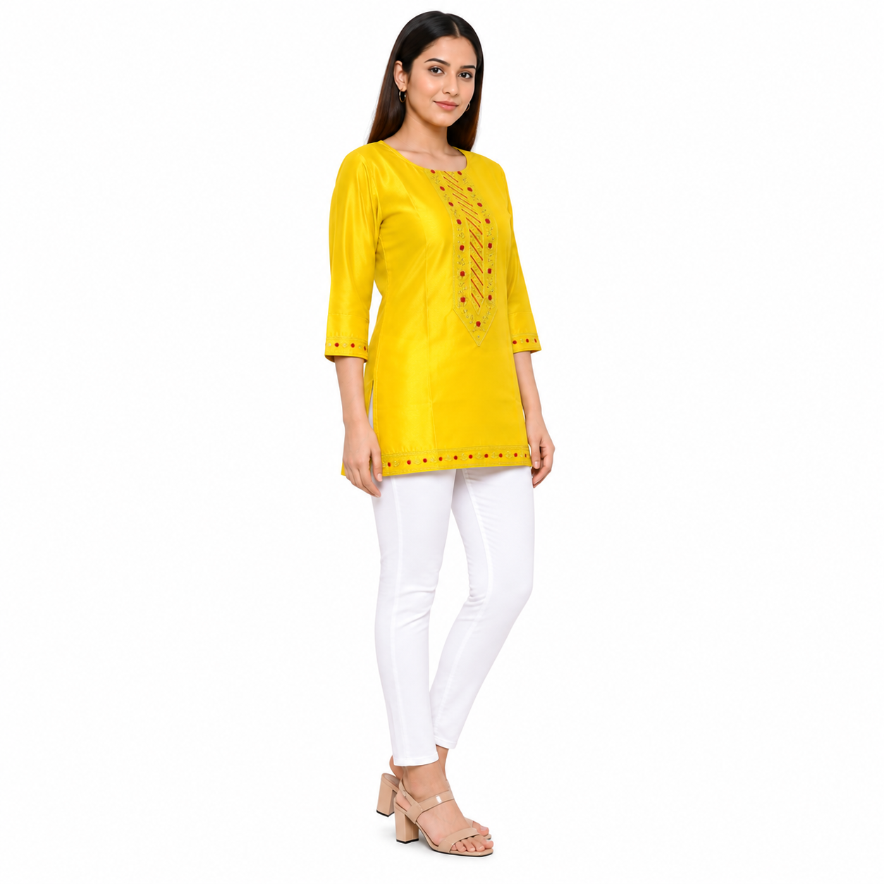 Yellow Embroidered Straight Kurti for Women
