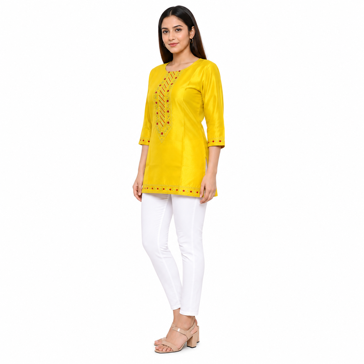 Yellow Embroidered Straight Kurti for Women