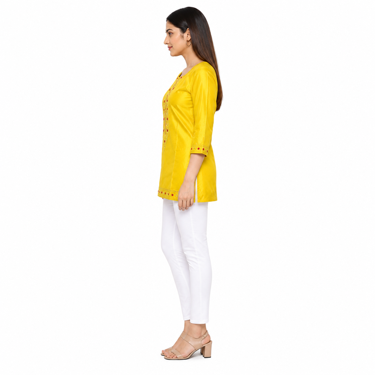 Yellow Embroidered Straight Kurti for Women