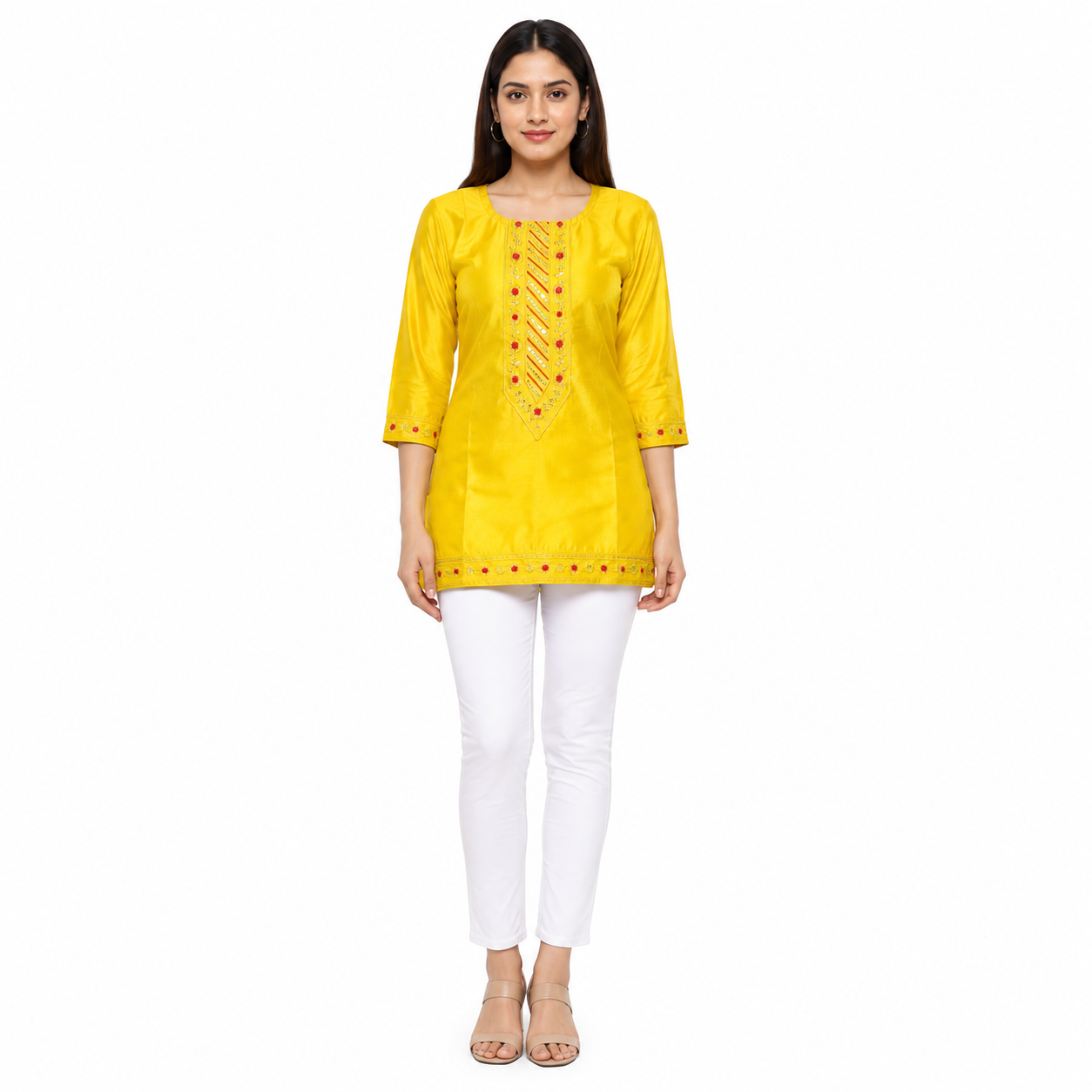 Yellow Embroidered Straight Kurti for Women