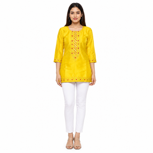 Yellow Embroidered Straight Kurti for Women