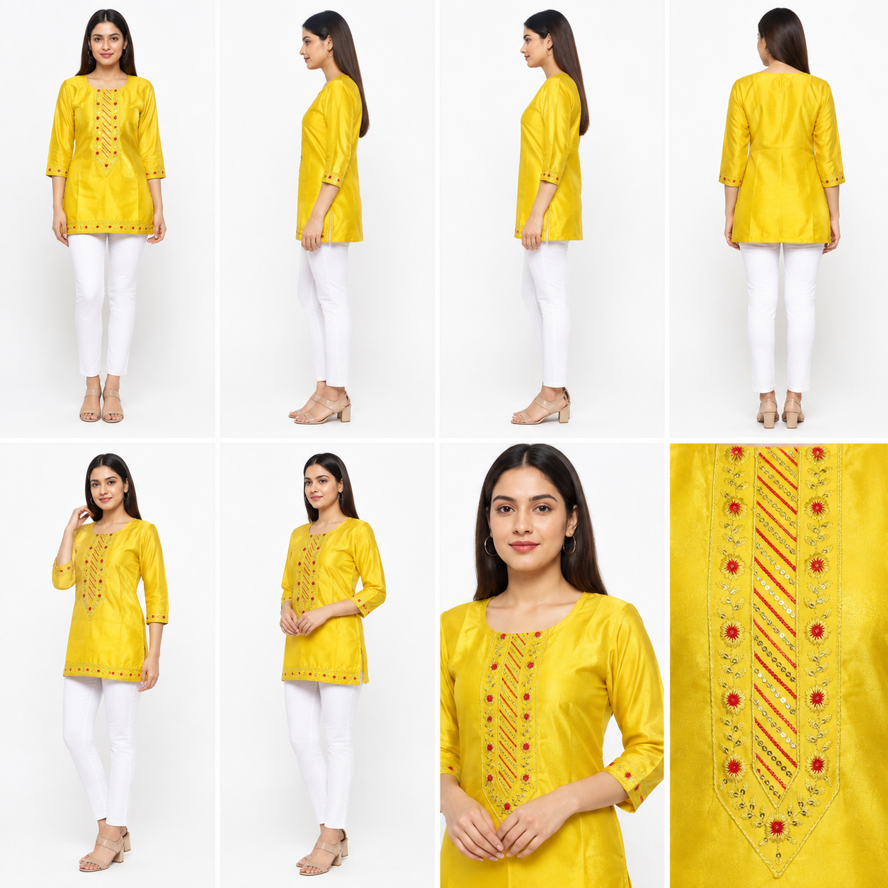 Yellow Embroidered Straight Kurti for Women
