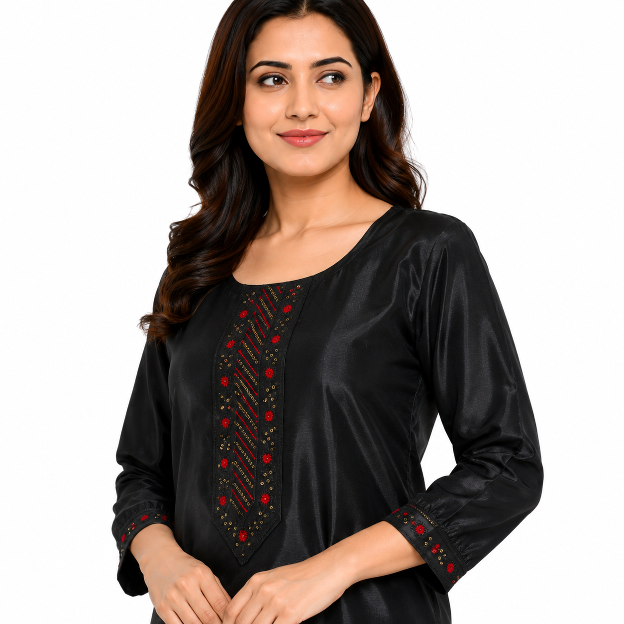 Women’s Black Embroidered Straight Kurti