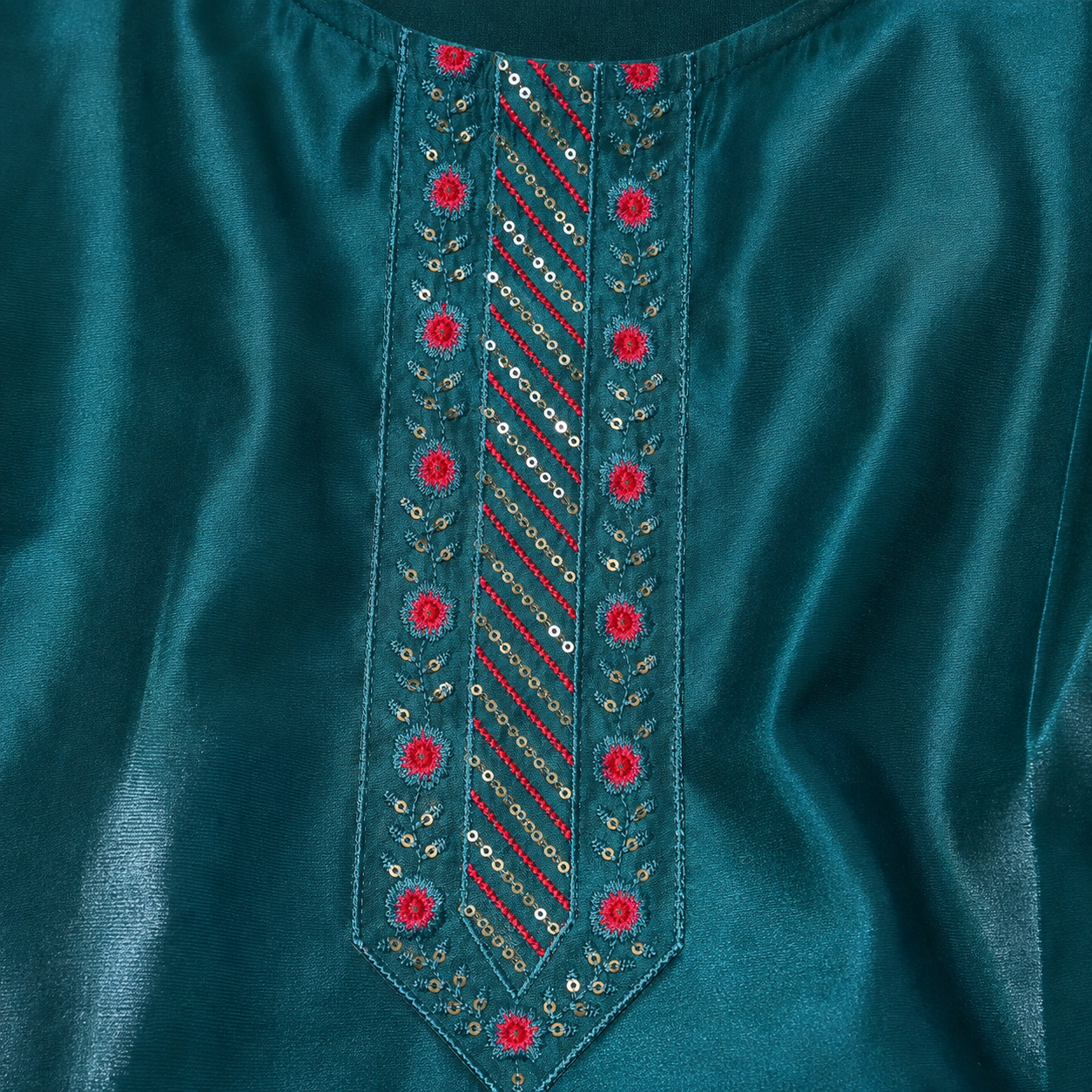 Women’s Teal Green Embroidered Short Kurti with 3/4 Sleeves