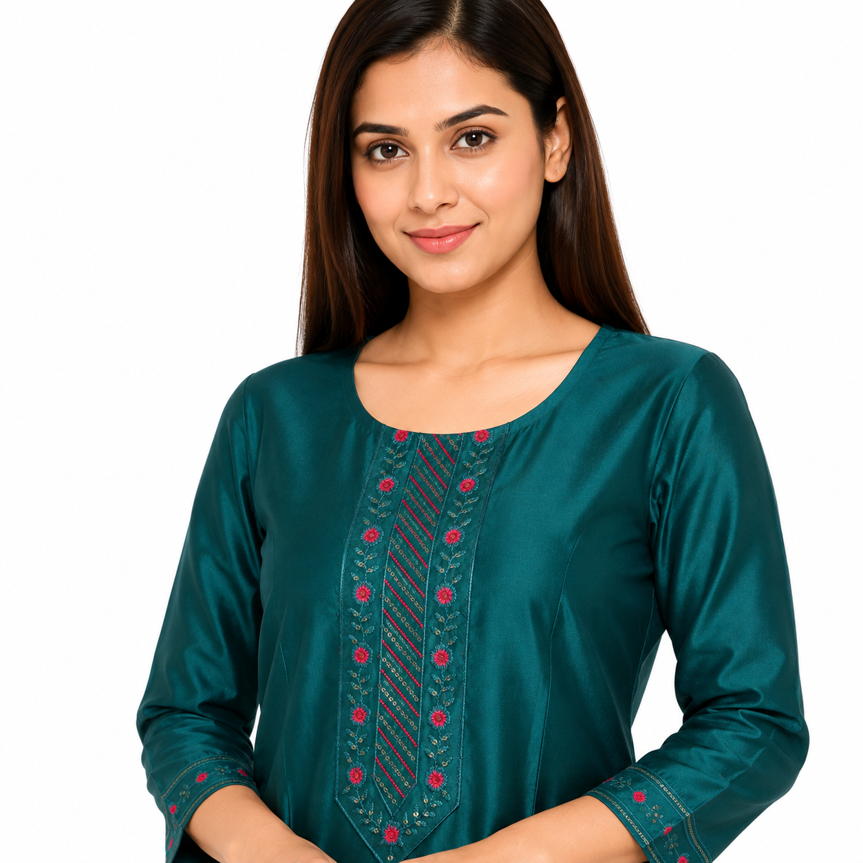 Women’s Teal Green Embroidered Short Kurti with 3/4 Sleeves