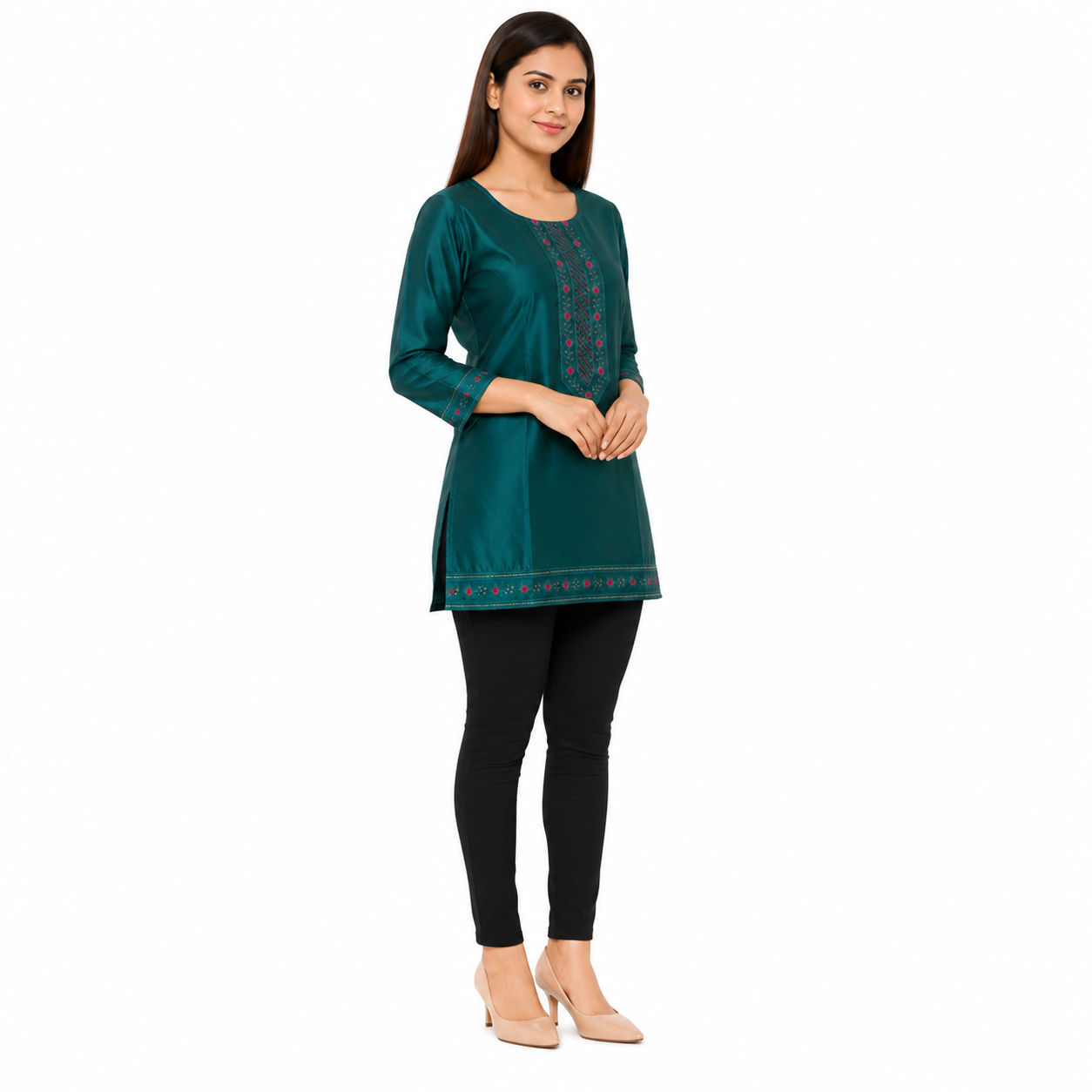 Women’s Teal Green Embroidered Short Kurti with 3/4 Sleeves