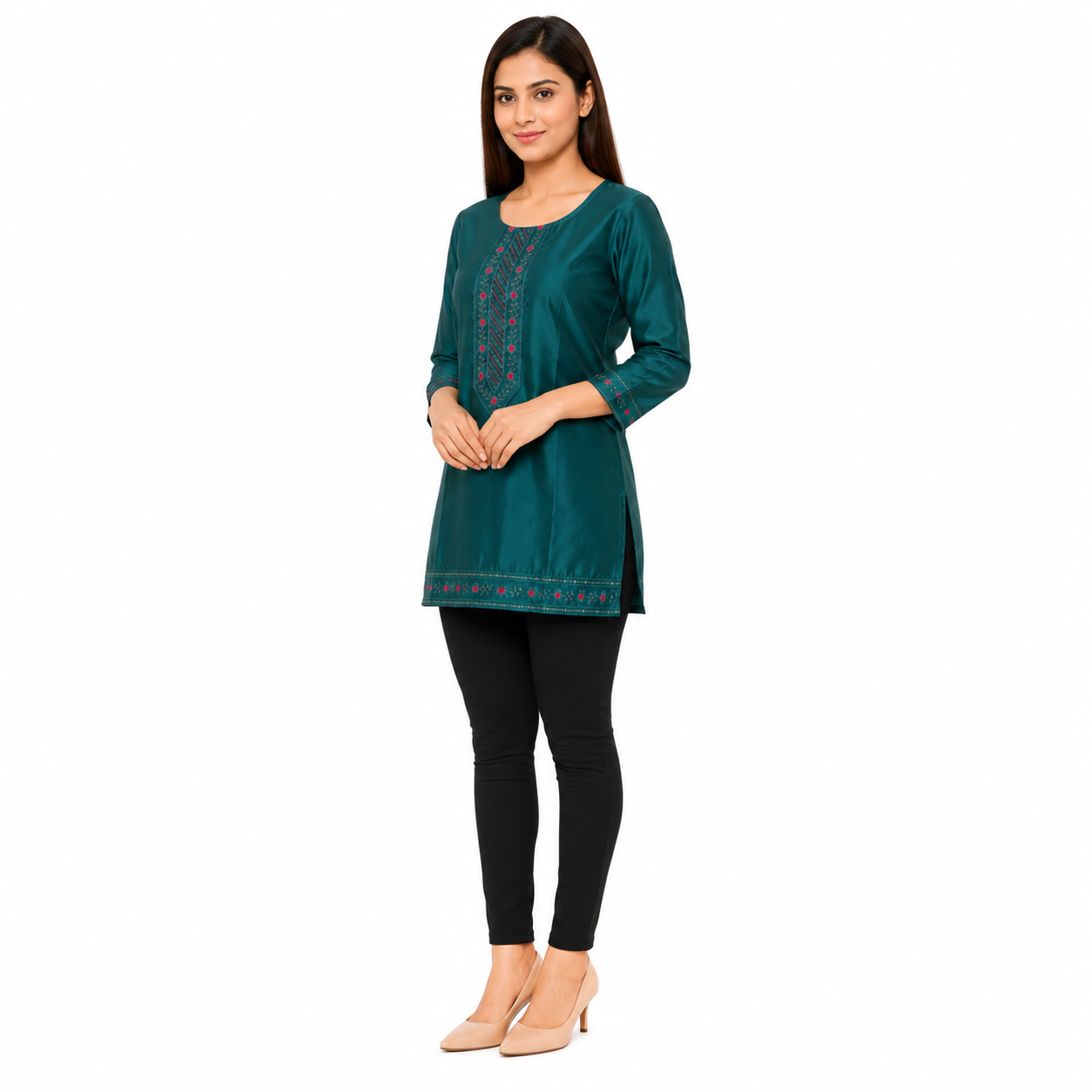 Women’s Teal Green Embroidered Short Kurti with 3/4 Sleeves