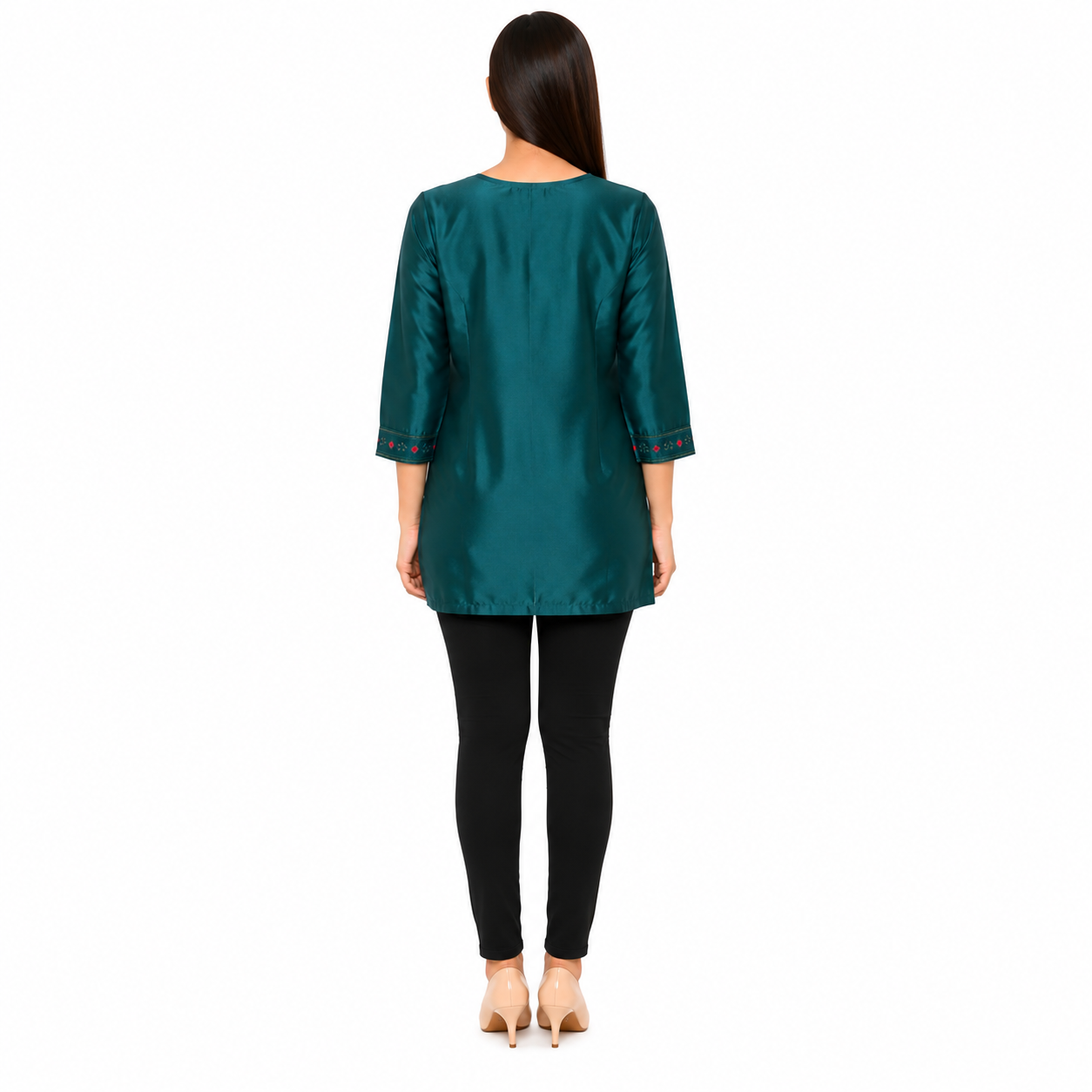 Women’s Teal Green Embroidered Short Kurti with 3/4 Sleeves