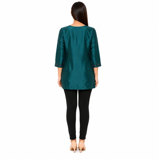Women’s Teal Green Embroidered Short Kurti with 3/4 Sleeves