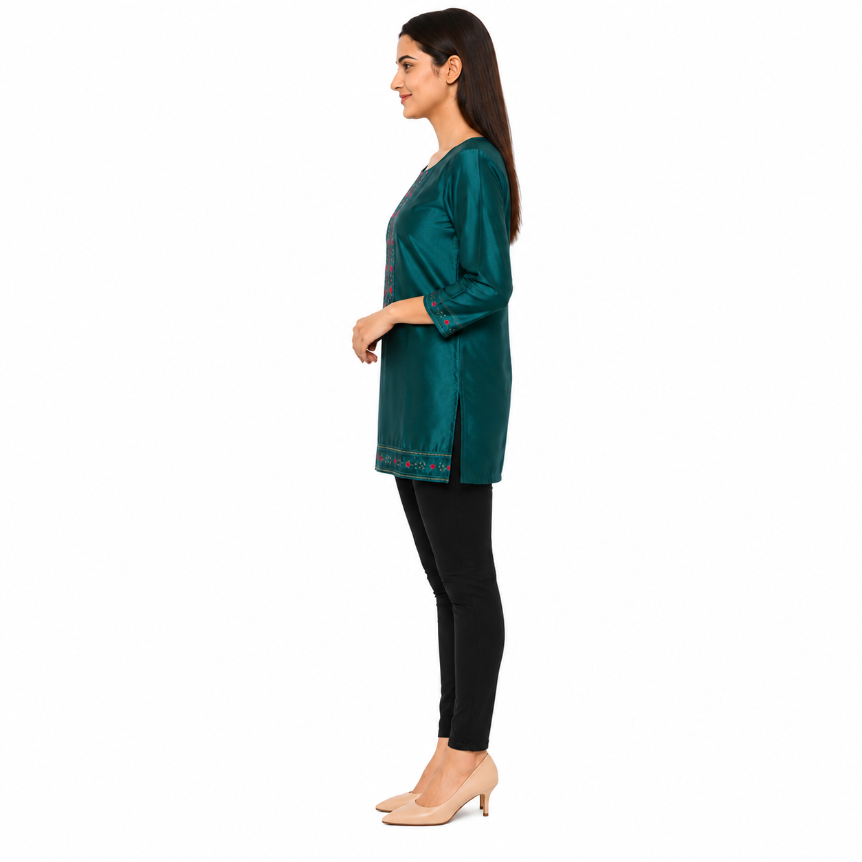 Women’s Teal Green Embroidered Short Kurti with 3/4 Sleeves