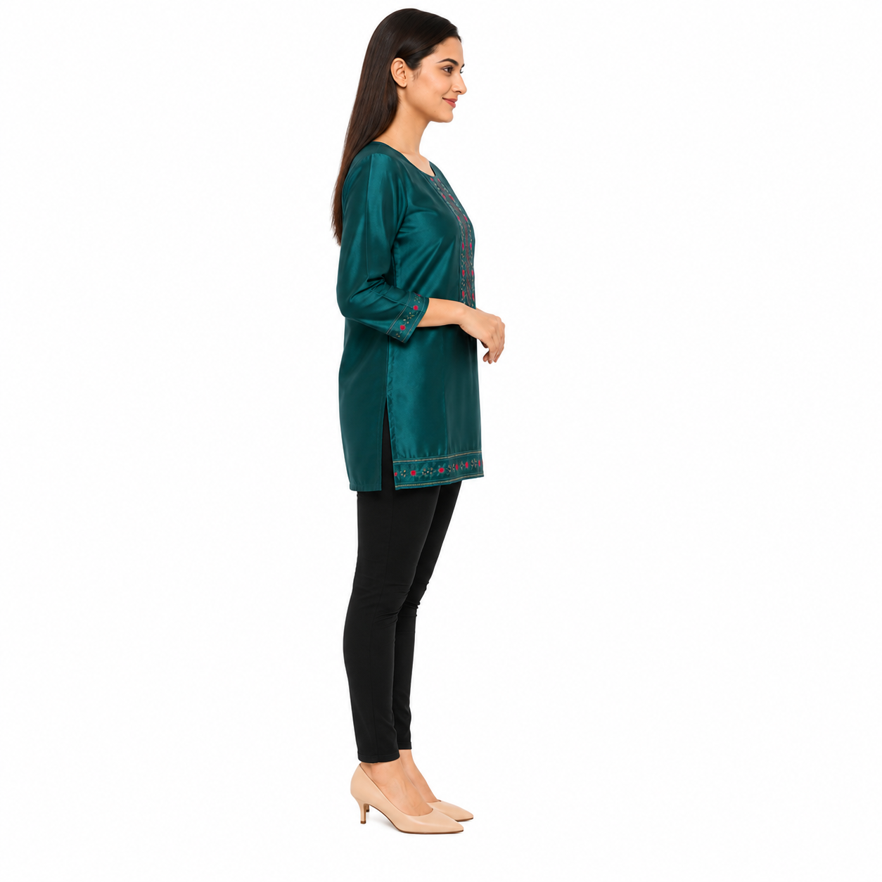 Women’s Teal Green Embroidered Short Kurti with 3/4 Sleeves