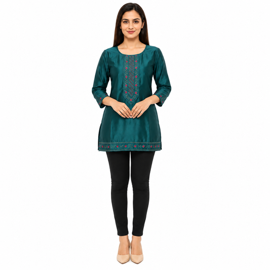 Women’s Teal Green Embroidered Short Kurti with 3/4 Sleeves